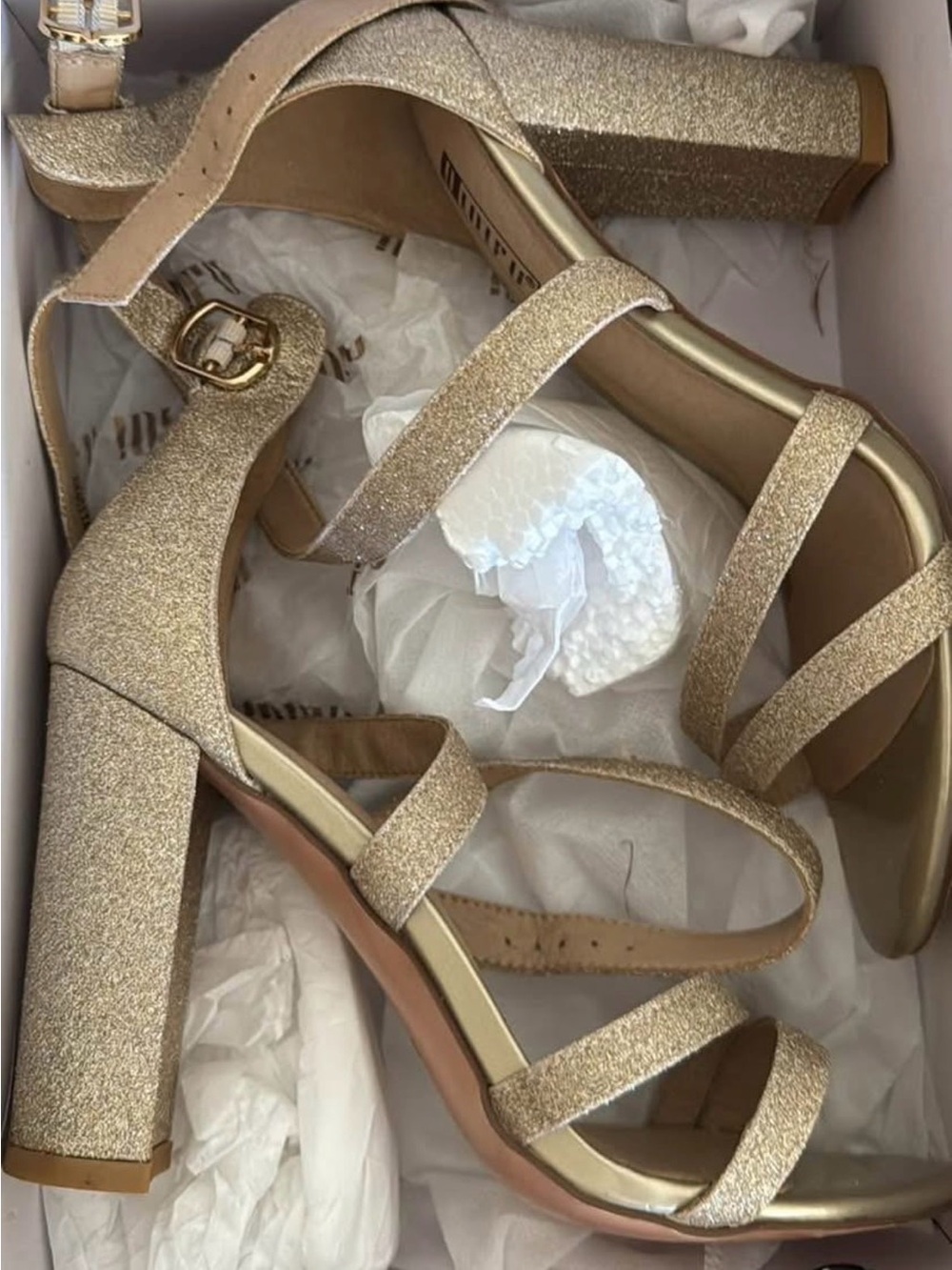 Gold Glitter Block Heel Sandals - Women's Dress Heels